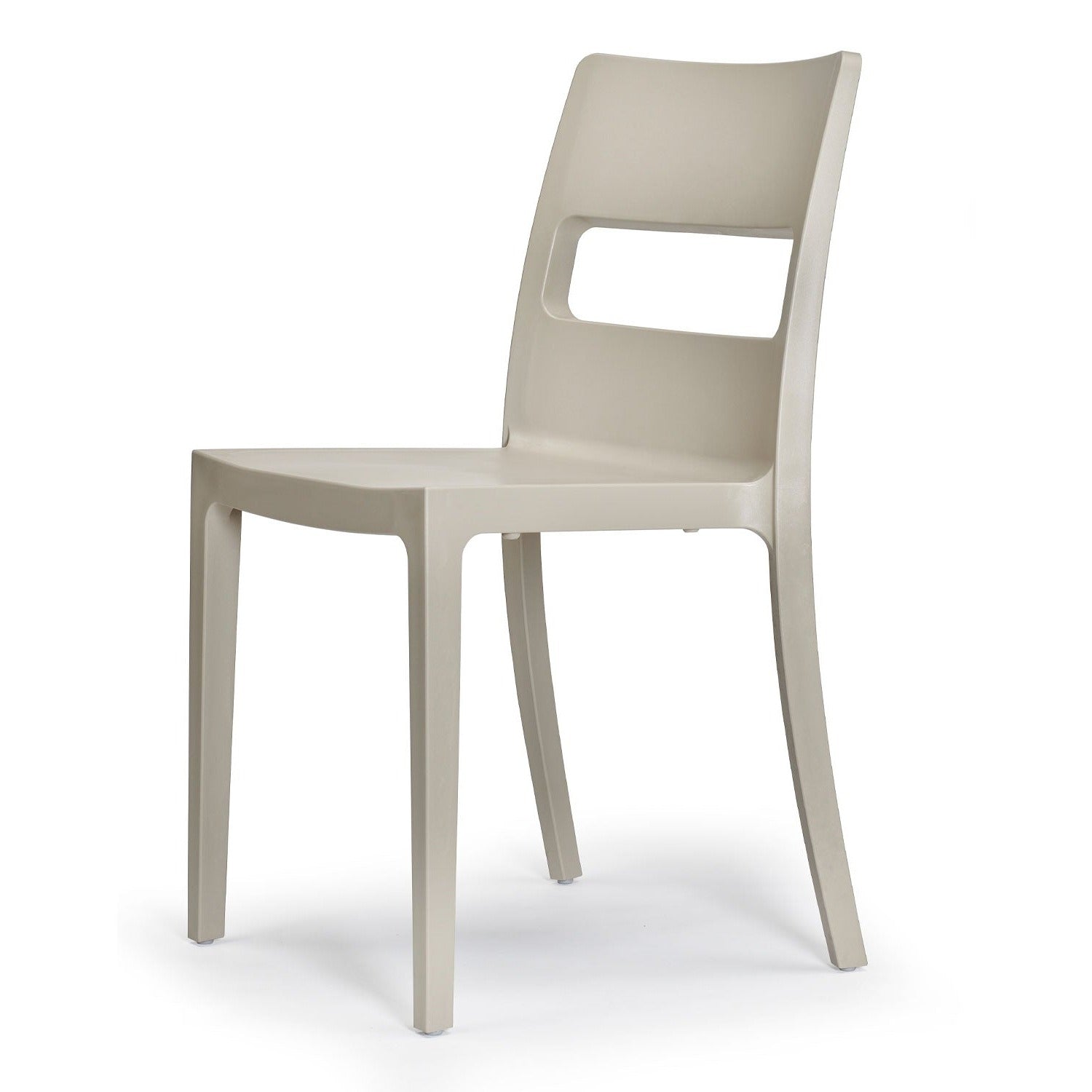 SCAB Sai chair in dove grey shown from the side, featuring a stackable glass fibre reinforced technopolymer frame for indoor and outdoor dining spaces, Made in Italy.