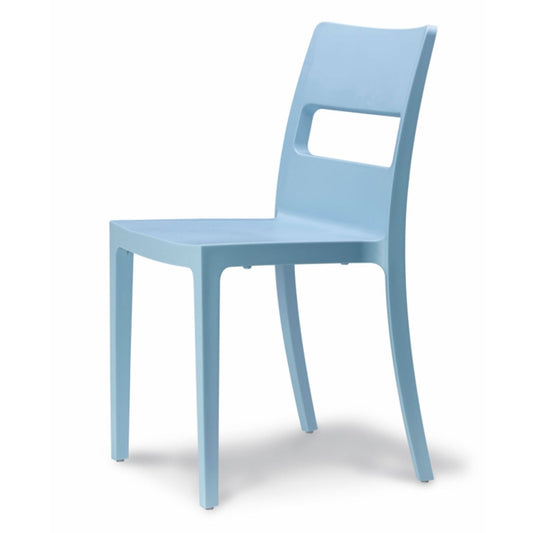 SCAB Sai chair in light blue shown from the side, featuring a stackable glass fibre reinforced technopolymer design for indoor and outdoor dining spaces, made in Italy