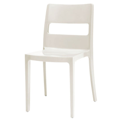 SCAB Sai chair in linen white with a clean contemporary design, made from stackable glass fibre reinforced technopolymer for indoor and outdoor dining spaces, Made in Italy.
