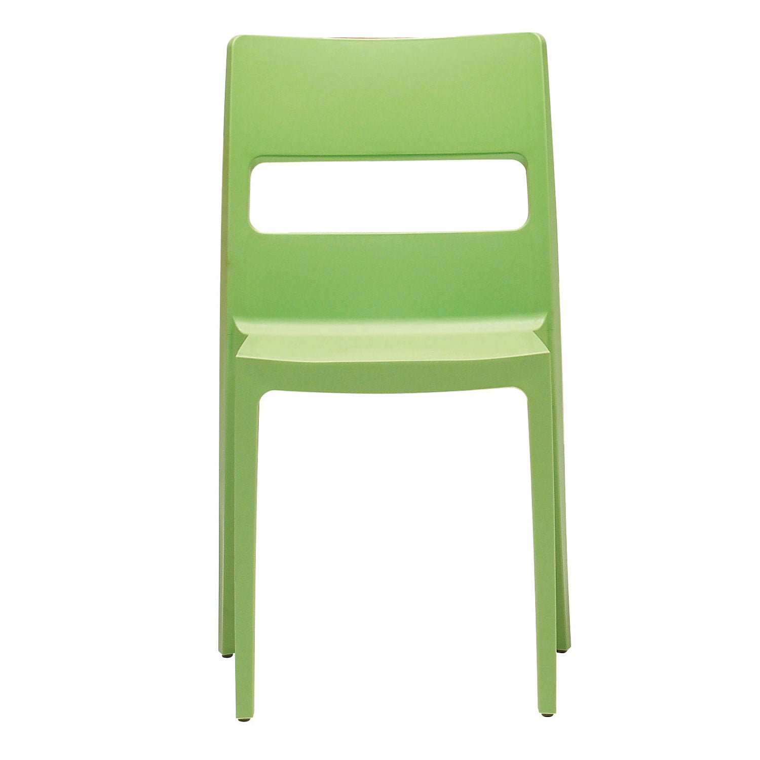SCAB Sai chair in pistachio green with a minimalist contemporary design, made from stackable glass fibre reinforced technopolymer for indoor and outdoor dining spaces, Made in Italy.
