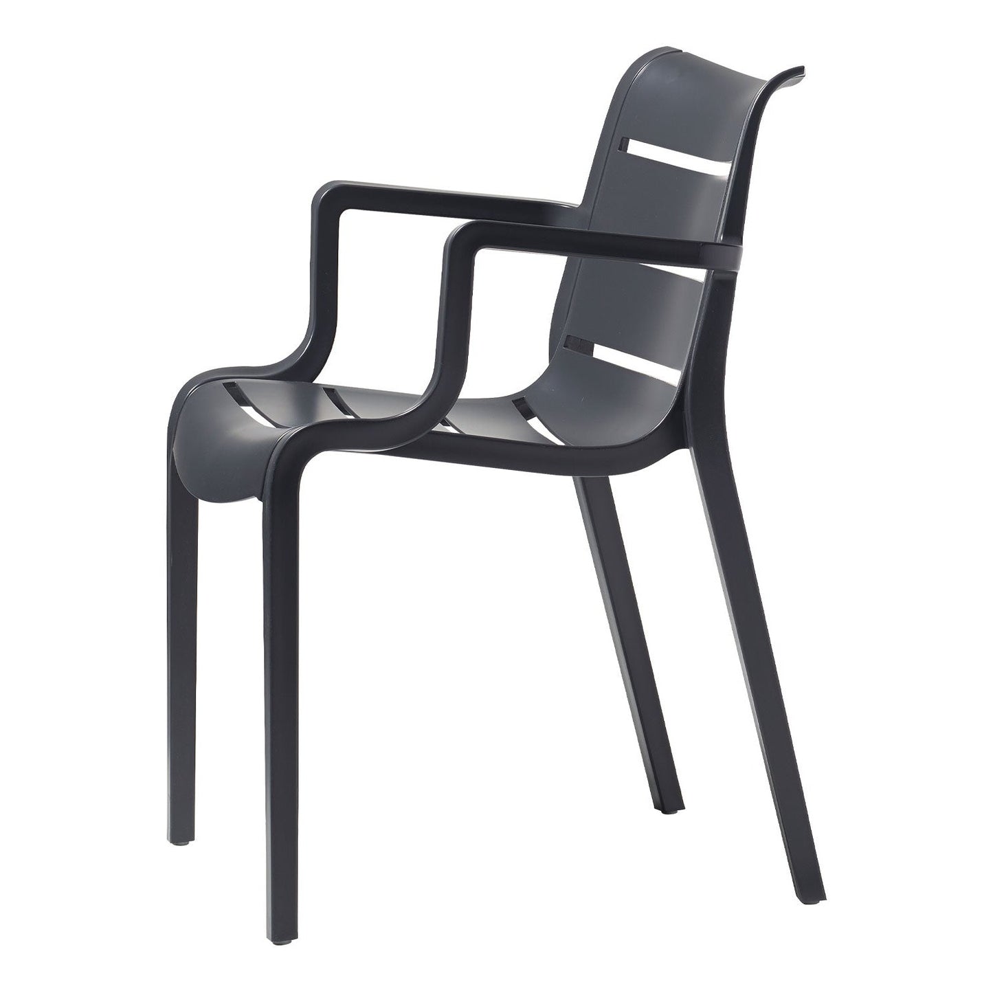 SCAB Sunset armchair in graphite shown from the side, featuring integrated armrests, a slatted backrest and a stackable weather-resistant technopolymer design for indoor and outdoor use