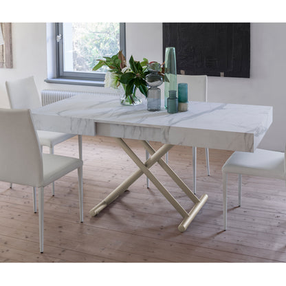 Ulisse convertible table by Altacom extended into dining table with marble effect top and chairs front view