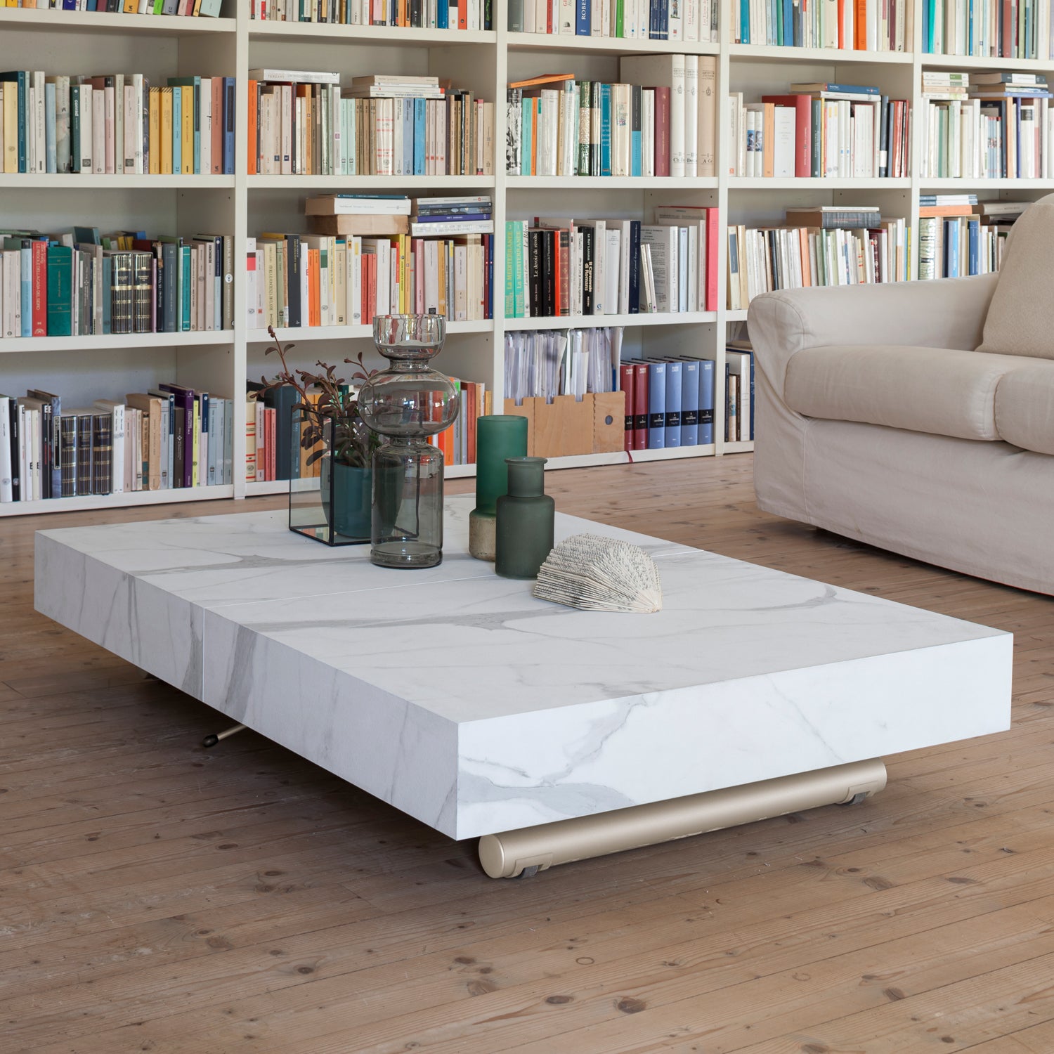 Ulisse convertible coffee table by Altacom in closed position with marble effect top in modern living room